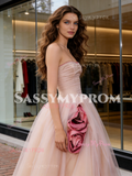 Pink Flower Strapless A Line Ruched Tulle Prom Dress