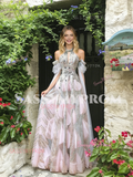 Halter Pink Sequin A Line Tulle Beading Prom Dress