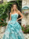 Blue Sweetheart Ruffles A Line Floral Layers Prom Dress