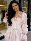 Long Sleeve Satin Pink Square Lace Ruffles Wedding Dress
