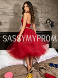 Red Halter Tulle Cut Out Two Piece Homecoming Dress