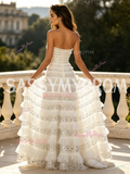 White Strapless Sequin Ruffled A Line Prom Dress