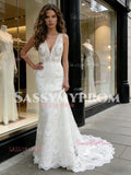 V Neck Trumpet Mermaid Lace Backless Wedding Dress