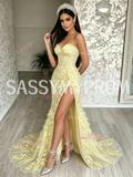 Sweetheart Trumpet Mermaid Yellow Leaf Flowers Prom Dress With Slit