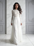 Long Sleeve A Line Tulle Scoop Lace Wedding Dress