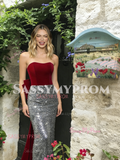 Strapless Sequin Silver Burgundy Trumpet Mermaid Prom Dress