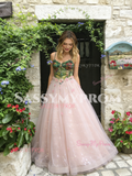 Pink Floral Spaghetti Straps Tulle A Line Prom Dress