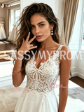 A Line Chiffon Sleeve Lace V Neck Wedding Dress With Slit