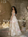 Appliques Tulle Strapless Champagne Lace A Line Wedding Dress