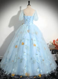 Blue Floral Short Sleeves Ball Gown Sweet 16 Dress