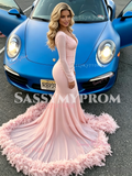 Pink Long Sleeve Trumpet Mermaid Spandex Prom Dress With Feathter