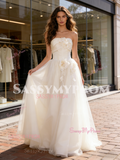 Satin A Line Tulle Strapless Flower Wedding Dress