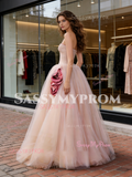 Pink Flower Strapless A Line Ruched Tulle Prom Dress