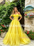Yellow Off The Shouler Tulle Ruffles A Line Prom Dress