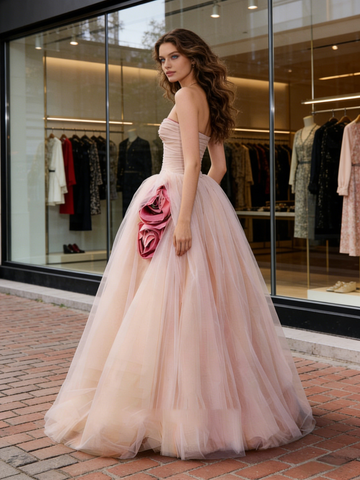 Pink Flower Strapless A Line Ruched Tulle Prom Dress
