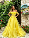 Yellow Off The Shouler Tulle Ruffles A Line Prom Dress