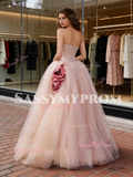 Pink Flower Strapless A Line Ruched Tulle Prom Dress