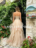 Spaghetti Straps Beading Ruffles Champagne Tulle Prom Dress