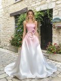 Strapless Pink Flower A Line Satin Prom Dress