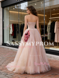 Pink Flower Strapless A Line Ruched Tulle Prom Dress