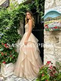 Spaghetti Straps Beading Ruffles Champagne Tulle Prom Dress