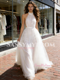 Halter White A Line Backless Tulle Wedding Dress