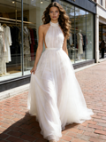 Halter White A Line Backless Tulle Wedding Dress