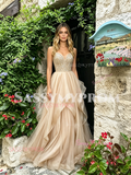 Spaghetti Straps Beading Ruffles Champagne Tulle Prom Dress