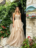 Spaghetti Straps Beading Ruffles Champagne Tulle Prom Dress