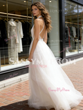Halter White A Line Backless Tulle Wedding Dress