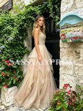 Spaghetti Straps Beading Ruffles Champagne Tulle Prom Dress