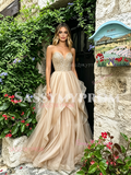 Spaghetti Straps Beading Ruffles Champagne Tulle Prom Dress