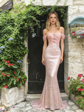 Off The Shoulder Tulle Ruched Sequin Pink Prom Dress