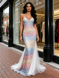 Colorful Lace Spaghetti Straps Meash Trumpet Mermaid Prom Dress