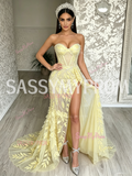 Sweetheart Trumpet Mermaid Yellow Leaf Flowers Prom Dress With Slit