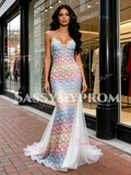 Colorful Lace Spaghetti Straps Meash Trumpet Mermaid Prom Dress