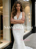 V Neck Trumpet Mermaid Lace Backless Wedding Dress