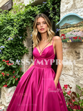 Fuchsia Satin A Line Spaghetti Straps Prom Dress
