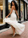 Spaghetti Straps Sheath Column Champagne Beading Lace Prom Dress