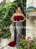 Strapless Sequin Silver Burgundy Trumpet Mermaid Prom Dress