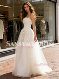 Satin A Line Tulle Strapless Flower Wedding Dress