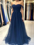 Navy Blue Tulle Off The Shoulder A Line Prom Dress