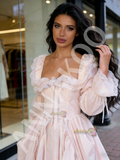 Long Sleeve Satin Pink Square Lace Ruffles Wedding Dress
