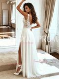 A Line Chiffon Sleeve Lace V Neck Wedding Dress With Slit