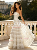 White Strapless Sequin Ruffled A Line Prom Dress