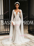 Trumpet Mermaid Pearls Cape Lace V Neck Long Sleeves Wedding Dress