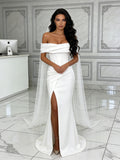 Trumpet Mermaid Satin Off The Shoulder Ruched Wedding Dress With Slit