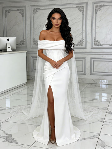 Trumpet Mermaid Satin Off The Shoulder Ruched Wedding Dress With Slit