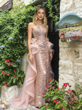 Halter Sequin Champagne Pink Mermaid Beading Ruffles Prom Dress