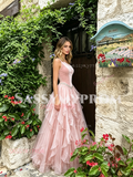 Pink One Shoulder Velvet Ruffles A Line Prom Dress